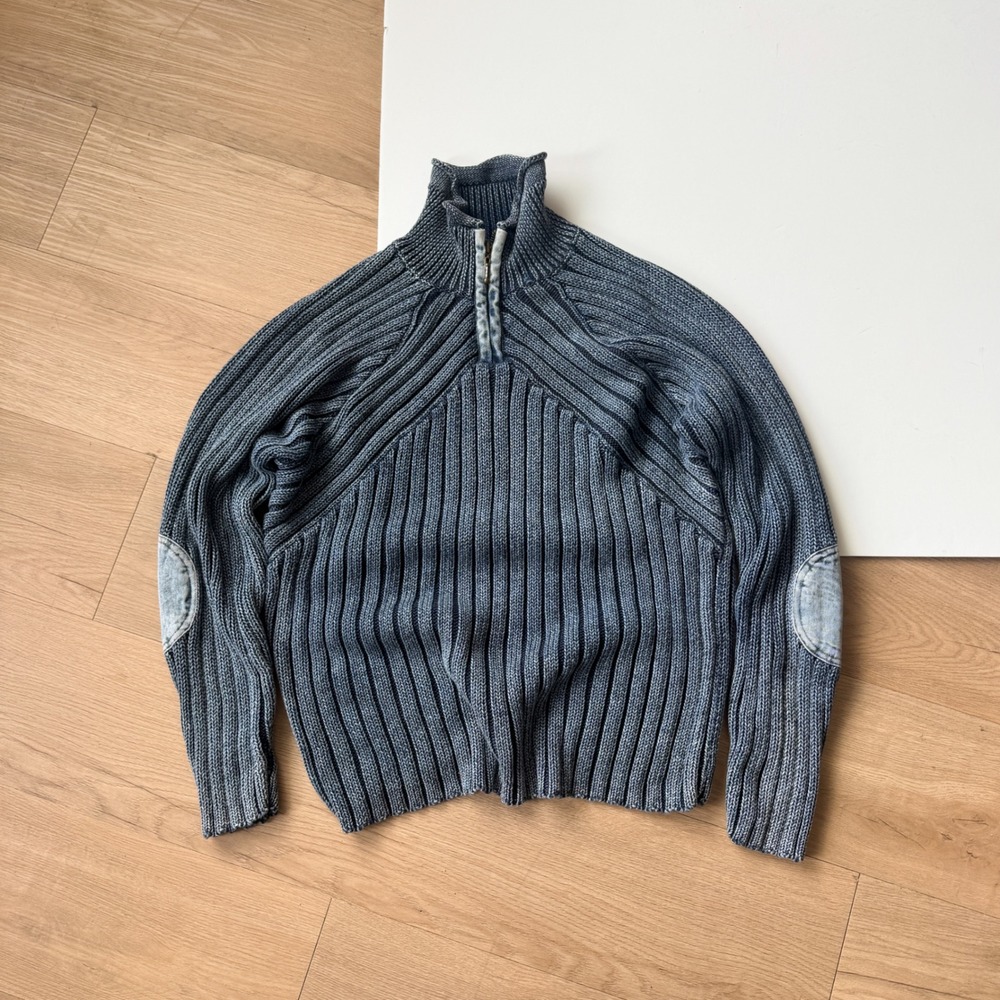 VTG Blue Ribbed Chunky Knit Sweater Denim Quarter Zip Elbow Patches 90s